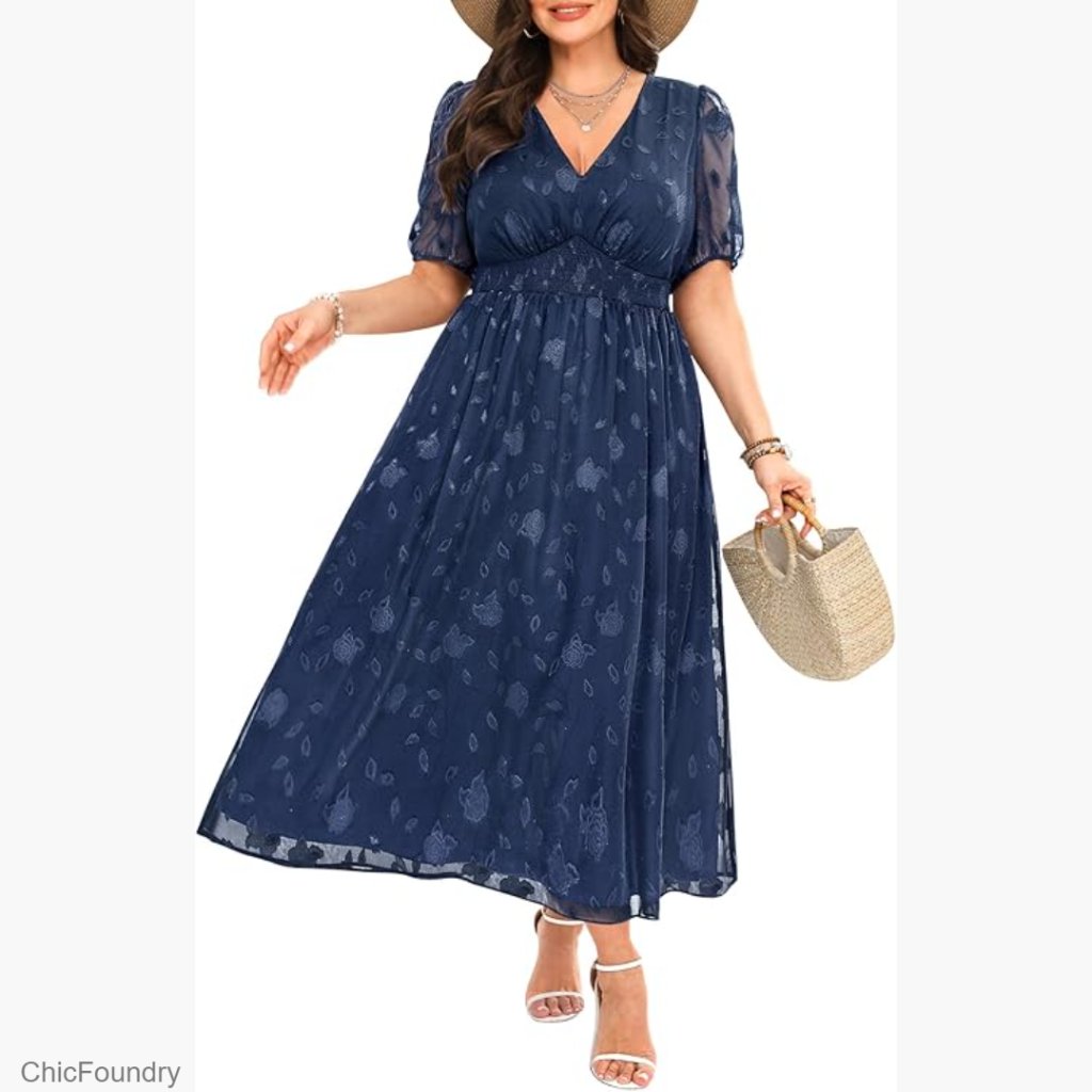 Plus Size Maxi Dress Floral V-Neck Puff Sleeves Wedding Guest Semi Formal